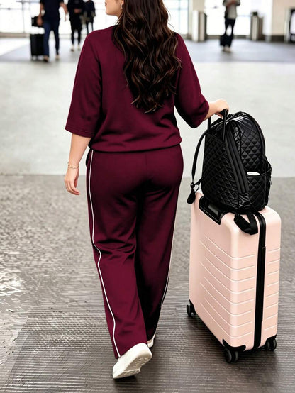 Spring/Autumn Plus Size Women's New Round Neck 3/4 Sleeve T-Shirt & Casual Daily Elastic Waist Loose Long Pants 2-Piece Set, Visual Concealing Elegant