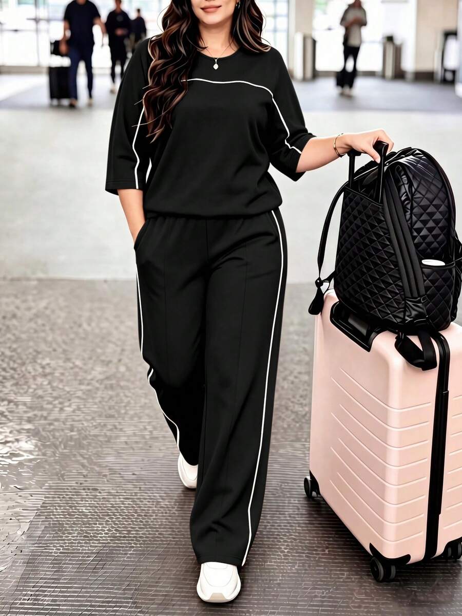 Spring/Autumn Plus Size Women's New Round Neck 3/4 Sleeve T-Shirt & Casual Daily Elastic Waist Loose Long Pants 2-Piece Set, Visual Concealing Elegant
