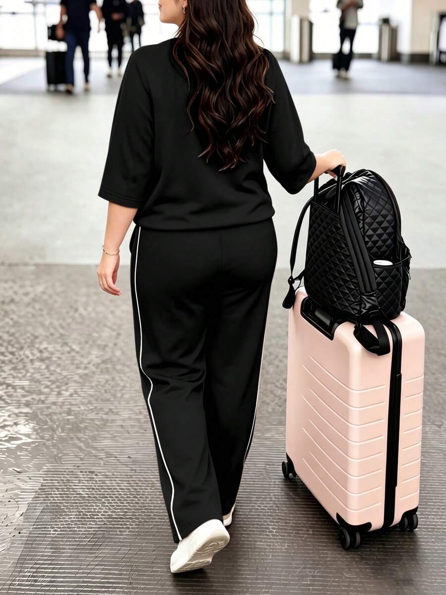 Spring/Autumn Plus Size Women's New Round Neck 3/4 Sleeve T-Shirt & Casual Daily Elastic Waist Loose Long Pants 2-Piece Set, Visual Concealing Elegant
