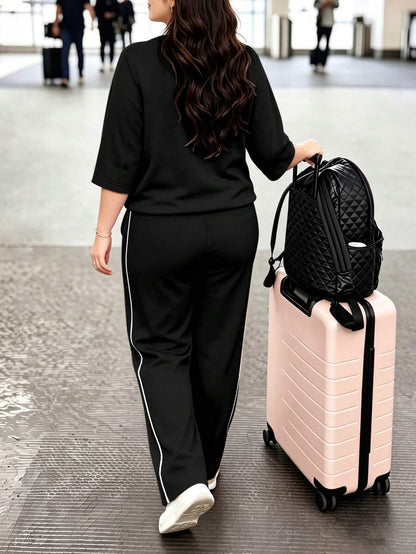 Spring/Autumn Plus Size Women's New Round Neck 3/4 Sleeve T-Shirt & Casual Daily Elastic Waist Loose Long Pants 2-Piece Set, Visual Concealing Elegant