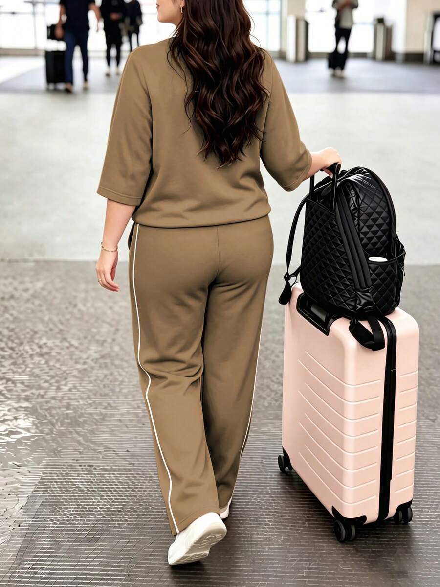 Spring/Autumn Plus Size Women's New Round Neck 3/4 Sleeve T-Shirt & Casual Daily Elastic Waist Loose Long Pants 2-Piece Set, Visual Concealing Elegant