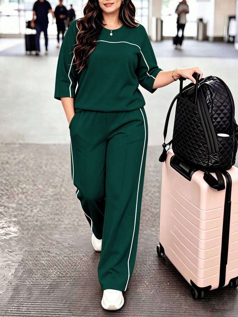 Spring/Autumn Plus Size Women's New Round Neck 3/4 Sleeve T-Shirt & Casual Daily Elastic Waist Loose Long Pants 2-Piece Set, Visual Concealing Elegant
