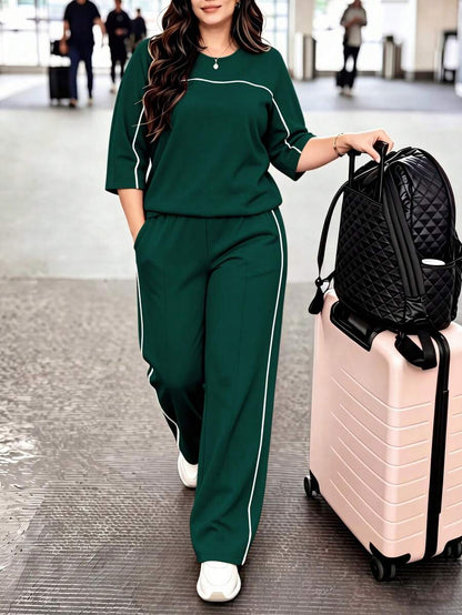 Spring/Autumn Plus Size Women's New Round Neck 3/4 Sleeve T-Shirt & Casual Daily Elastic Waist Loose Long Pants 2-Piece Set, Visual Concealing Elegant