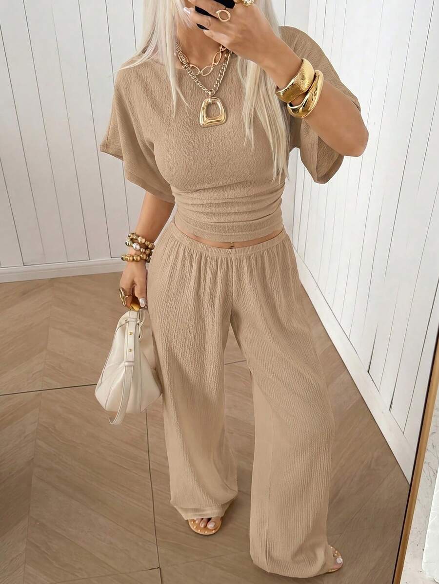 SHEIN EZwear Women's Solid Color Pleated Top And Elastic Waist Long Pants Casual Daily Set Brunch Dark Brown Summer