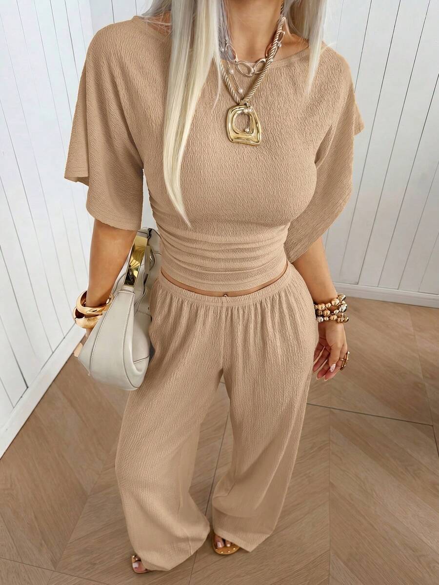 SHEIN EZwear Women's Solid Color Pleated Top And Elastic Waist Long Pants Casual Daily Set Brunch Dark Brown Summer