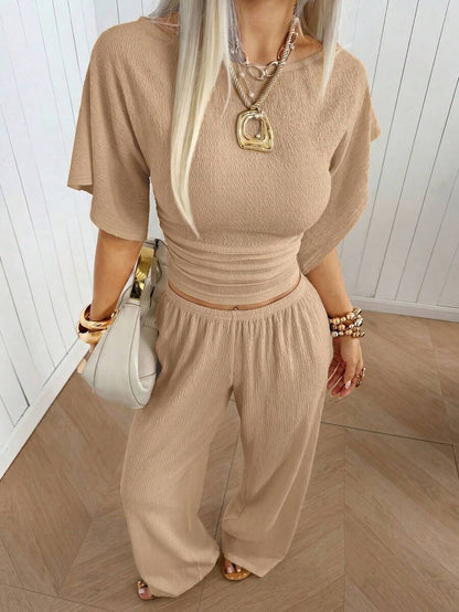 SHEIN EZwear Women's Solid Color Pleated Top And Elastic Waist Long Pants Casual Daily Set Brunch Dark Brown Summer