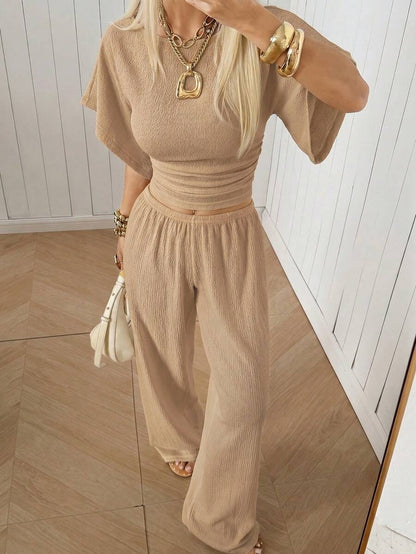 SHEIN EZwear Women's Solid Color Pleated Top And Elastic Waist Long Pants Casual Daily Set Brunch Dark Brown Summer