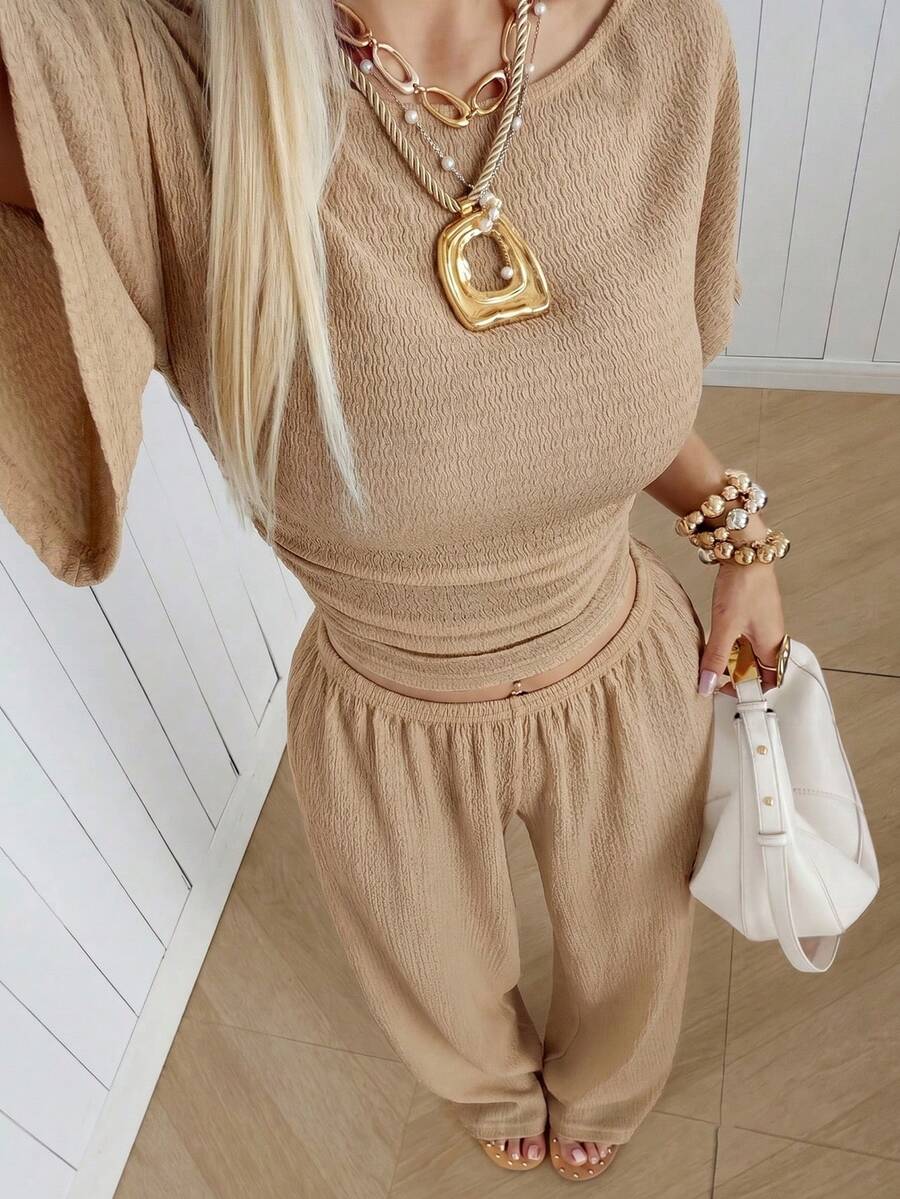 SHEIN EZwear Women's Solid Color Pleated Top And Elastic Waist Long Pants Casual Daily Set Brunch Dark Brown Summer