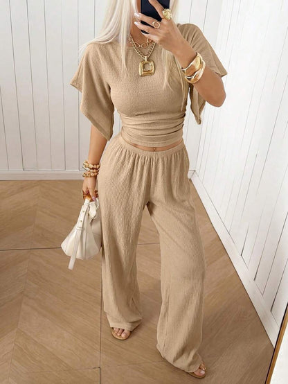 SHEIN EZwear Women's Solid Color Pleated Top And Elastic Waist Long Pants Casual Daily Set Brunch Dark Brown Summer