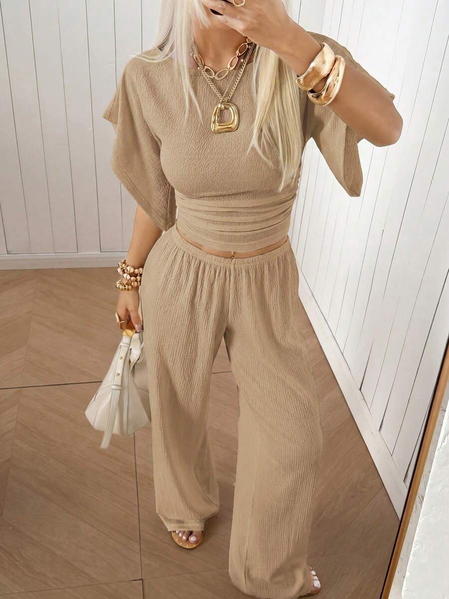 SHEIN EZwear Women's Solid Color Pleated Top And Elastic Waist Long Pants Casual Daily Set Brunch Dark Brown Summer
