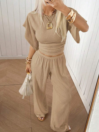 SHEIN EZwear Women's Solid Color Pleated Top And Elastic Waist Long Pants Casual Daily Set Brunch Dark Brown Summer