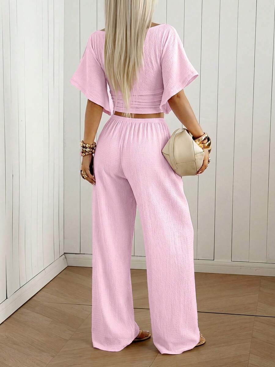 SHEIN EZwear Women's Solid Color Pleated Top And Elastic Waist Long Pants Casual Daily Set Brunch Dark Brown Summer