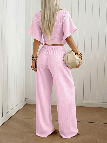 SHEIN EZwear Women's Solid Color Pleated Top And Elastic Waist Long Pants Casual Daily Set Brunch Dark Brown Summer
