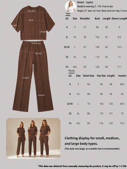 Women's 2 Pieces Casual Outfit, Comfortable Solid Color Short Sleeve Top Paired With Elastic Waist Pocket Pants, Soft Polyester-Spandex Fabric, Spring/Summer Elegant