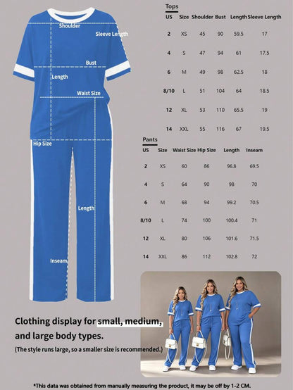 Spring/Summer Women's Casual Matching Contrast Color Round Neck Short Sleeve Top And High Waist Drawstring Straight Leg Pants 2 Pieces Set Elegant