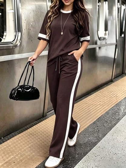 Spring/Summer Women's Casual Matching Contrast Color Round Neck Short Sleeve Top And High Waist Drawstring Straight Leg Pants 2 Pieces Set Elegant