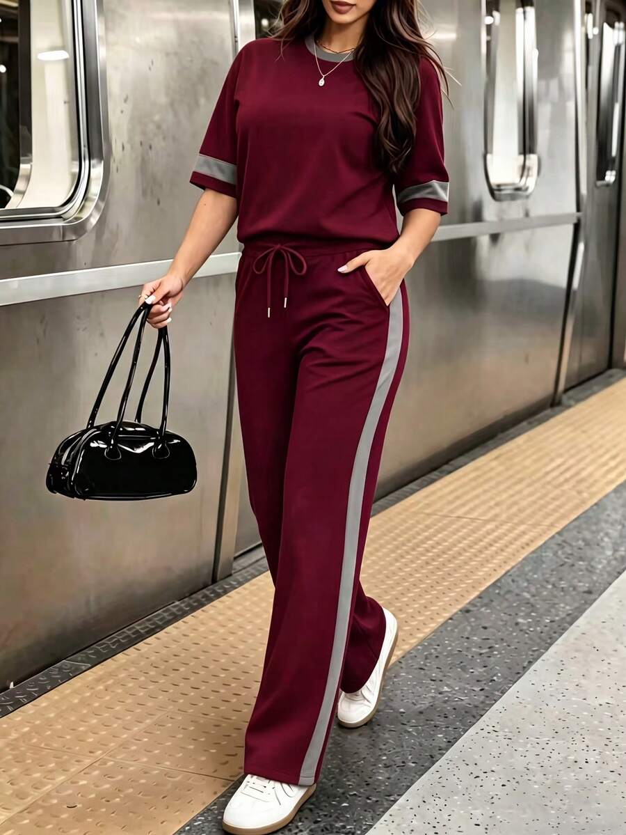 Spring/Summer Women's Casual Matching Contrast Color Round Neck Short Sleeve Top And High Waist Drawstring Straight Leg Pants 2 Pieces Set Elegant