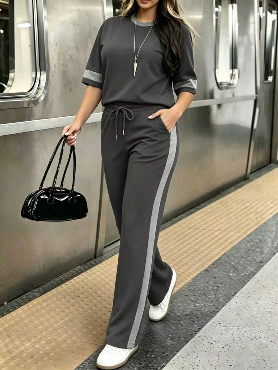 Spring/Summer Women's Casual Matching Contrast Color Round Neck Short Sleeve Top And High Waist Drawstring Straight Leg Pants 2 Pieces Set Elegant
