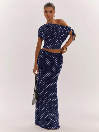 SHEIN BAE Women's Solid Color Asymmetrical Neck Top And Skirt Casual 2 Pieces Set