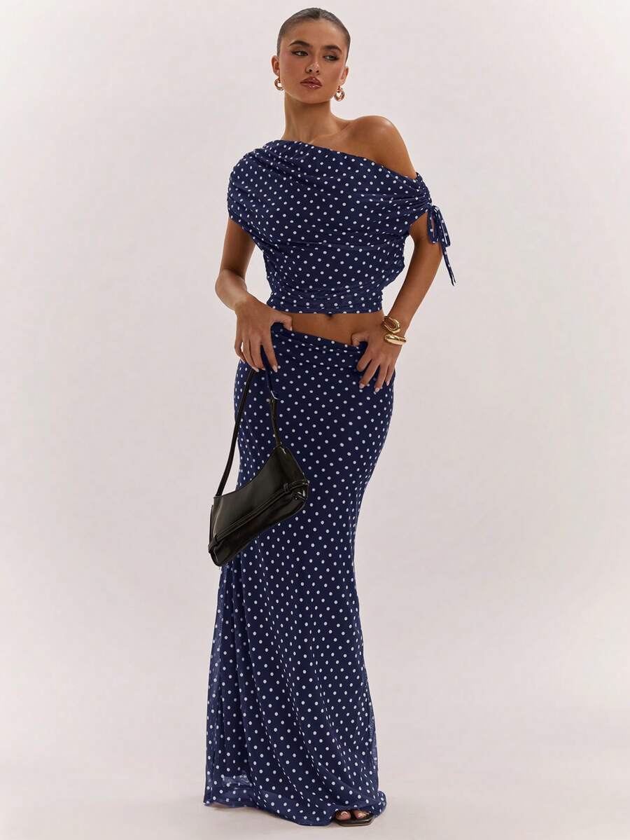 SHEIN BAE Women's Solid Color Asymmetrical Neck Top And Skirt Casual 2 Pieces Set