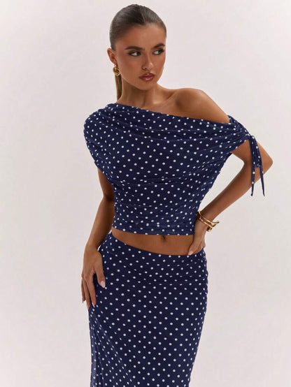 SHEIN BAE Women's Solid Color Asymmetrical Neck Top And Skirt Casual 2 Pieces Set