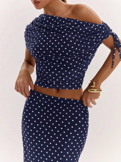 SHEIN BAE Women's Solid Color Asymmetrical Neck Top And Skirt Casual 2 Pieces Set