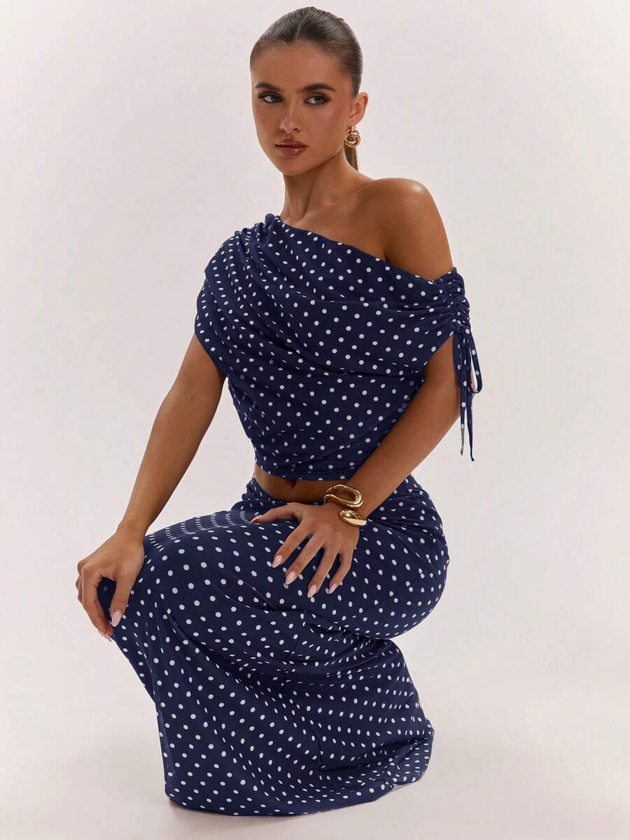 SHEIN BAE Women's Solid Color Asymmetrical Neck Top And Skirt Casual 2 Pieces Set