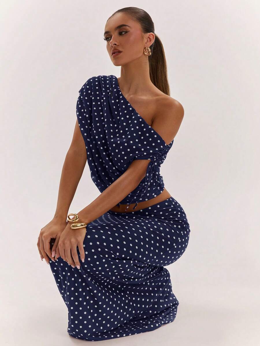 SHEIN BAE Women's Solid Color Asymmetrical Neck Top And Skirt Casual 2 Pieces Set
