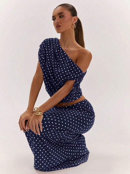 SHEIN BAE Women's Solid Color Asymmetrical Neck Top And Skirt Casual 2 Pieces Set