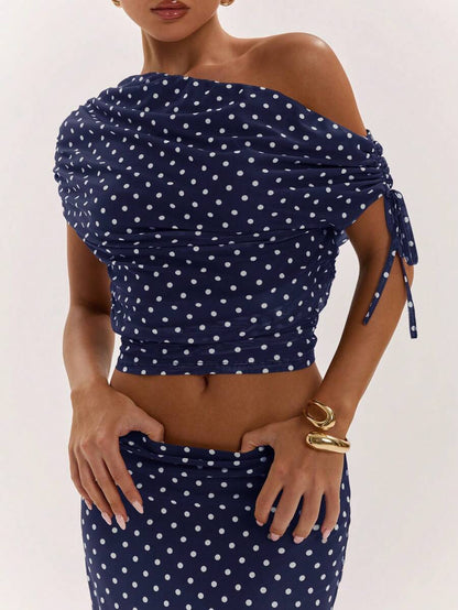 SHEIN BAE Women's Solid Color Asymmetrical Neck Top And Skirt Casual 2 Pieces Set