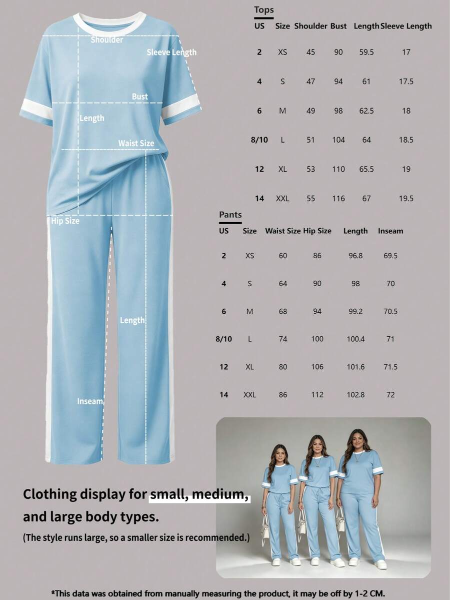 Spring/Summer Women's Casual Matching Contrast Color Round Neck Short Sleeve Top And High Waist Drawstring Straight Leg Pants 2 Pieces Set Elegant