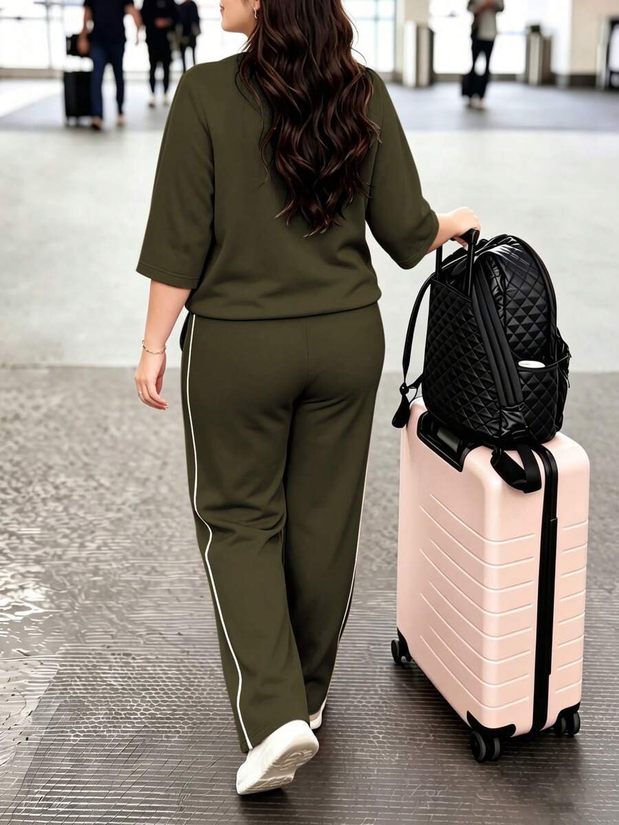 Spring/Autumn Plus Size Women's New Round Neck 3/4 Sleeve T-Shirt & Casual Daily Elastic Waist Loose Long Pants 2-Piece Set, Visual Concealing Elegant