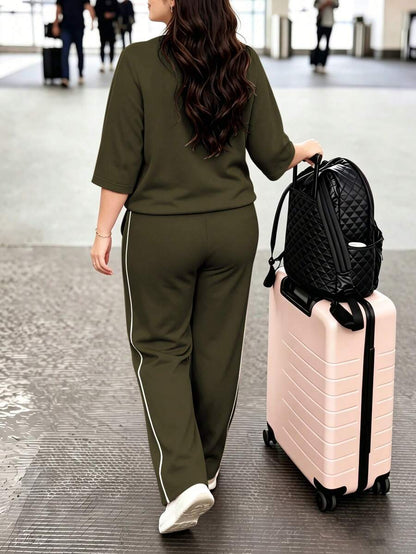 Spring/Autumn Plus Size Women's New Round Neck 3/4 Sleeve T-Shirt & Casual Daily Elastic Waist Loose Long Pants 2-Piece Set, Visual Concealing Elegant