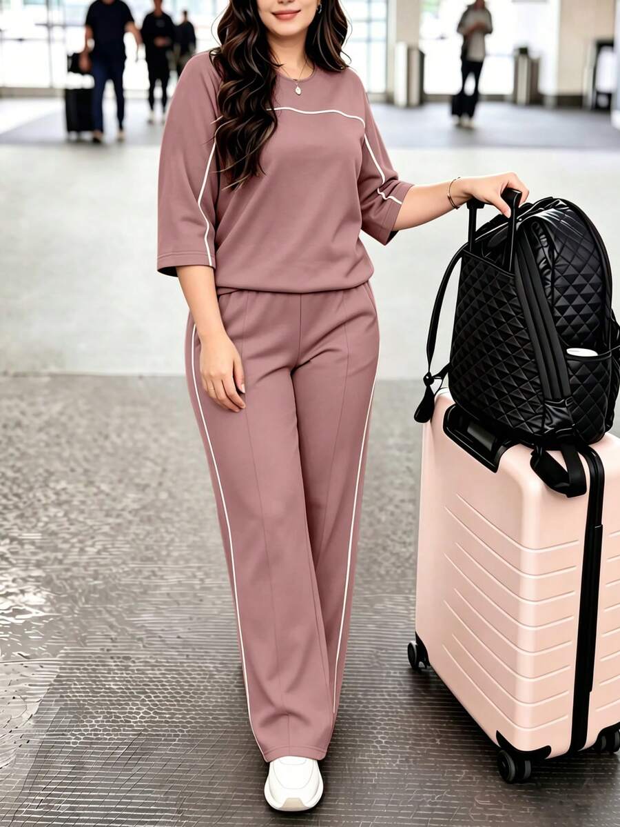 Spring/Autumn Plus Size Women's New Round Neck 3/4 Sleeve T-Shirt & Casual Daily Elastic Waist Loose Long Pants 2-Piece Set, Visual Concealing Elegant