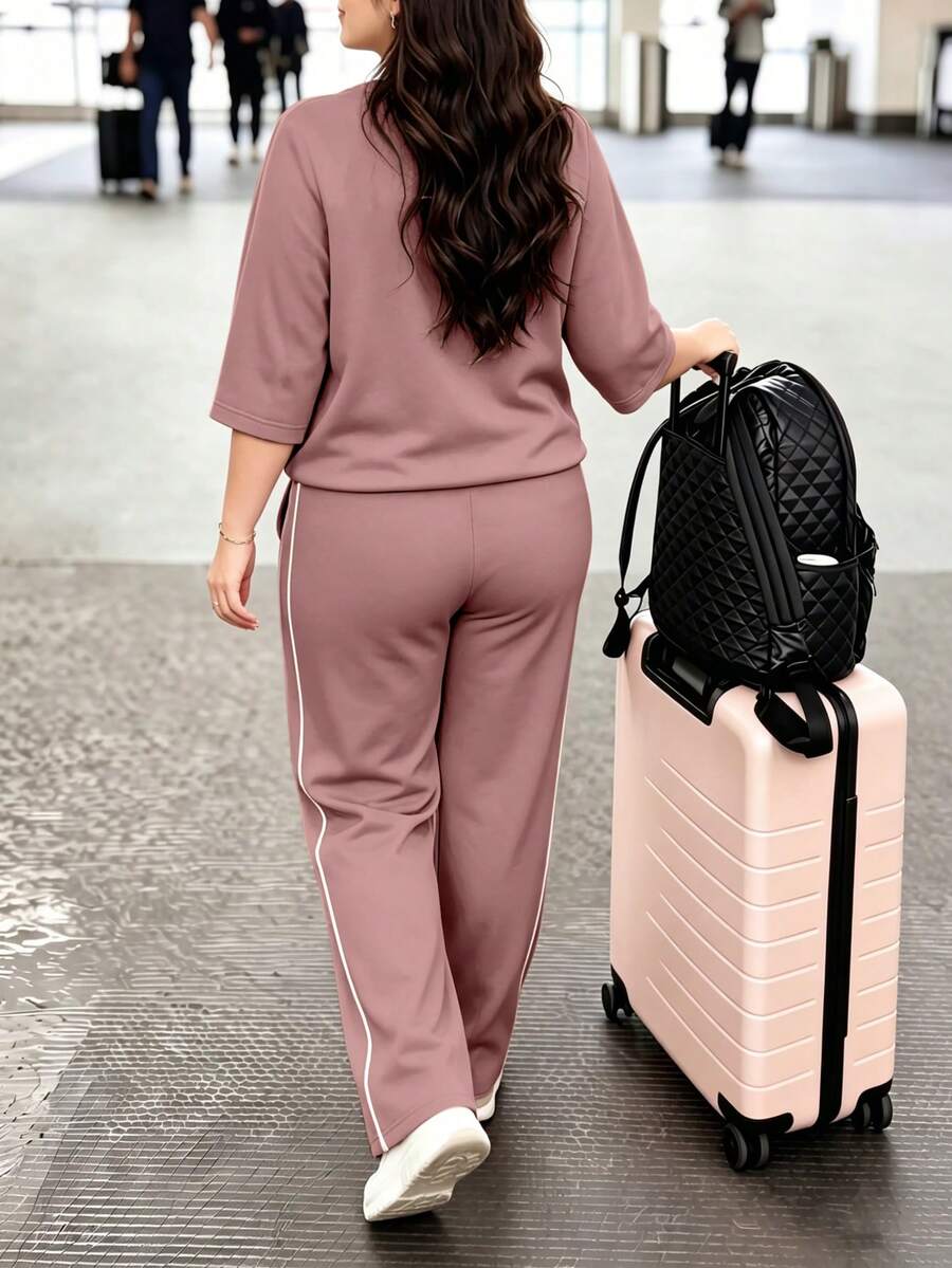 Spring/Autumn Plus Size Women's New Round Neck 3/4 Sleeve T-Shirt & Casual Daily Elastic Waist Loose Long Pants 2-Piece Set, Visual Concealing Elegant