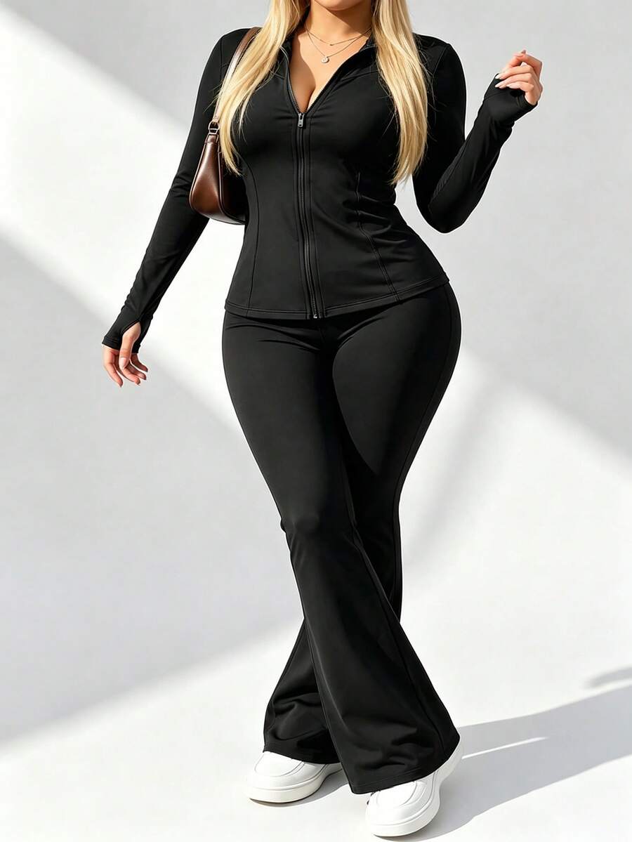 Plus Size Solid Color Fitted Jacket And Flare Pants Sports Set Black