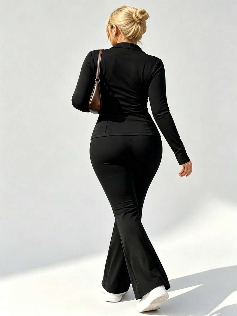 Plus Size Solid Color Fitted Jacket And Flare Pants Sports Set Black