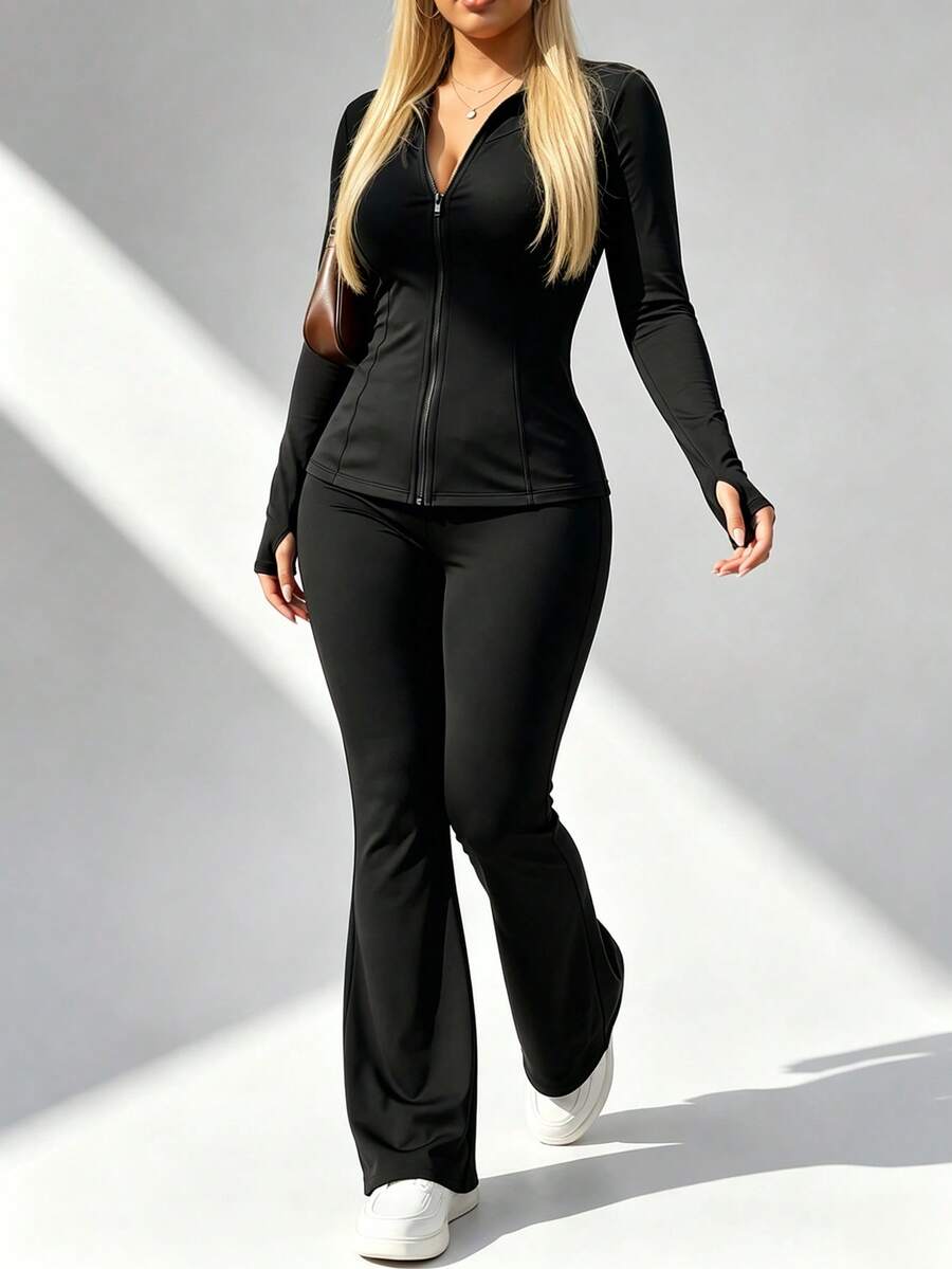 Plus Size Solid Color Fitted Jacket And Flare Pants Sports Set Black