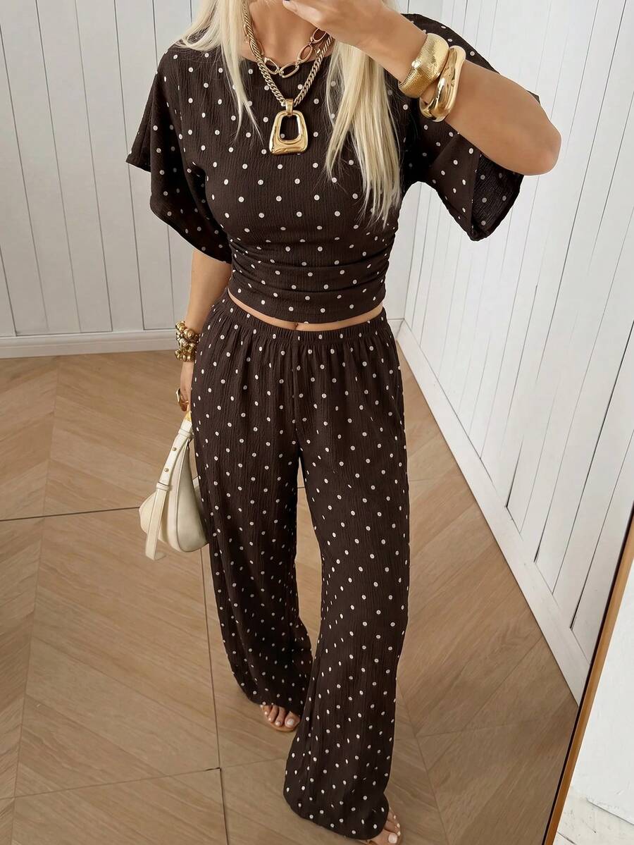 SHEIN EZwear Women's Solid Color Pleated Top And Elastic Waist Long Pants Casual Daily Set Brunch Dark Brown Summer