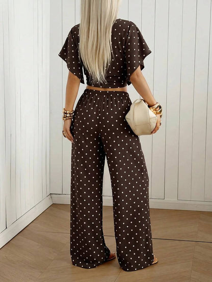 SHEIN EZwear Women's Solid Color Pleated Top And Elastic Waist Long Pants Casual Daily Set Brunch Dark Brown Summer