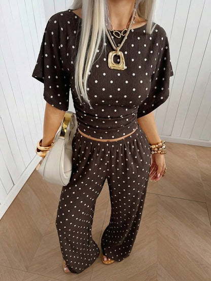 SHEIN EZwear Women's Solid Color Pleated Top And Elastic Waist Long Pants Casual Daily Set Brunch Dark Brown Summer
