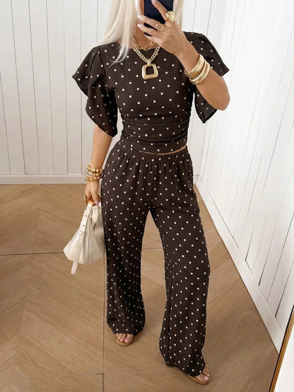 SHEIN EZwear Women's Solid Color Pleated Top And Elastic Waist Long Pants Casual Daily Set Brunch Dark Brown Summer