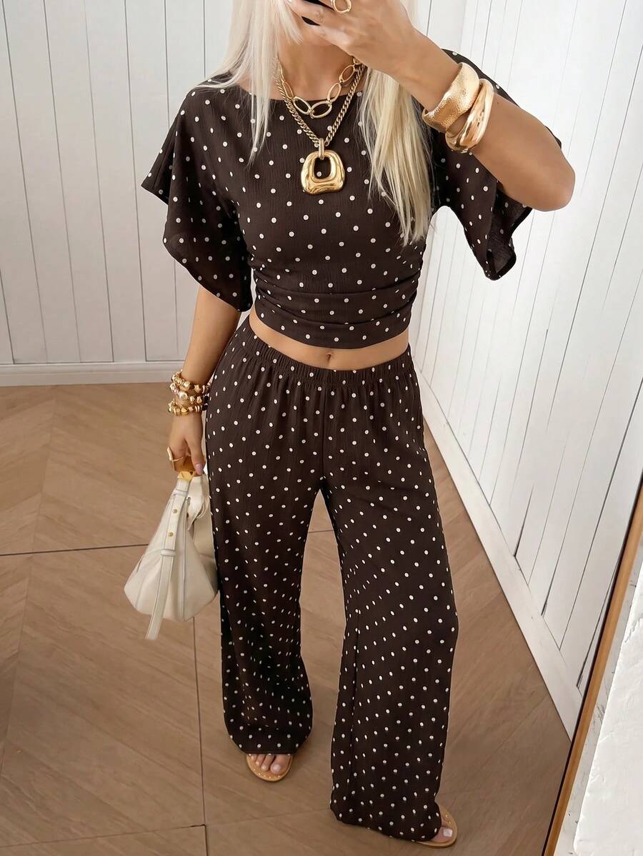 SHEIN EZwear Women's Solid Color Pleated Top And Elastic Waist Long Pants Casual Daily Set Brunch Dark Brown Summer
