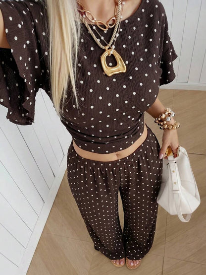 SHEIN EZwear Women's Solid Color Pleated Top And Elastic Waist Long Pants Casual Daily Set Brunch Dark Brown Summer