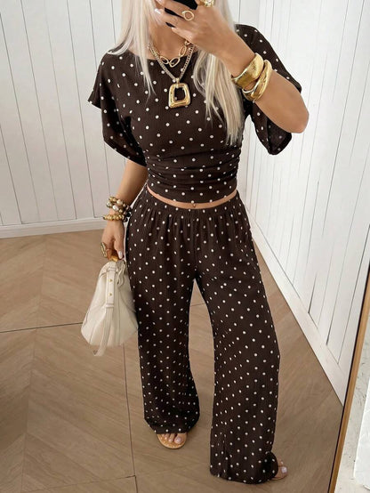SHEIN EZwear Women's Solid Color Pleated Top And Elastic Waist Long Pants Casual Daily Set Brunch Dark Brown Summer