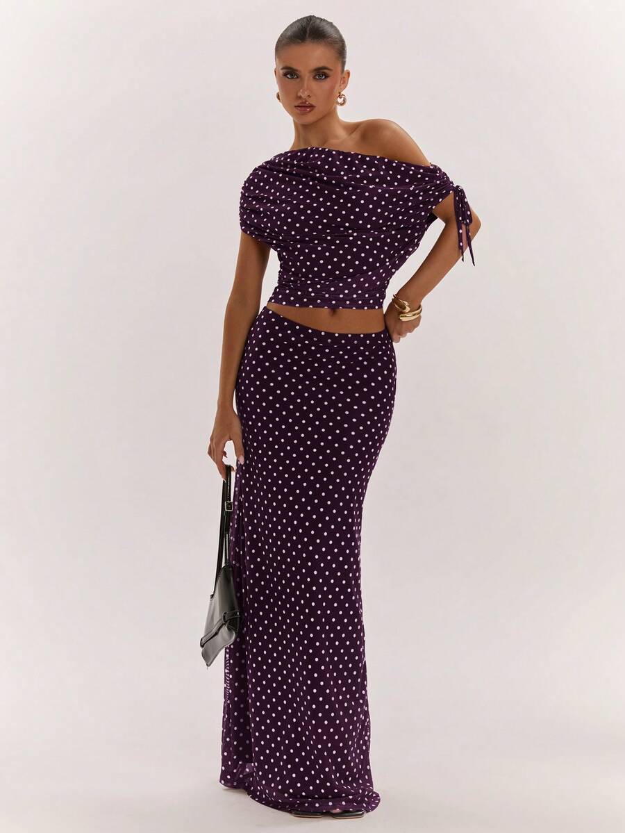 SHEIN BAE Women's Solid Color Asymmetrical Neck Top And Skirt Casual 2 Pieces Set