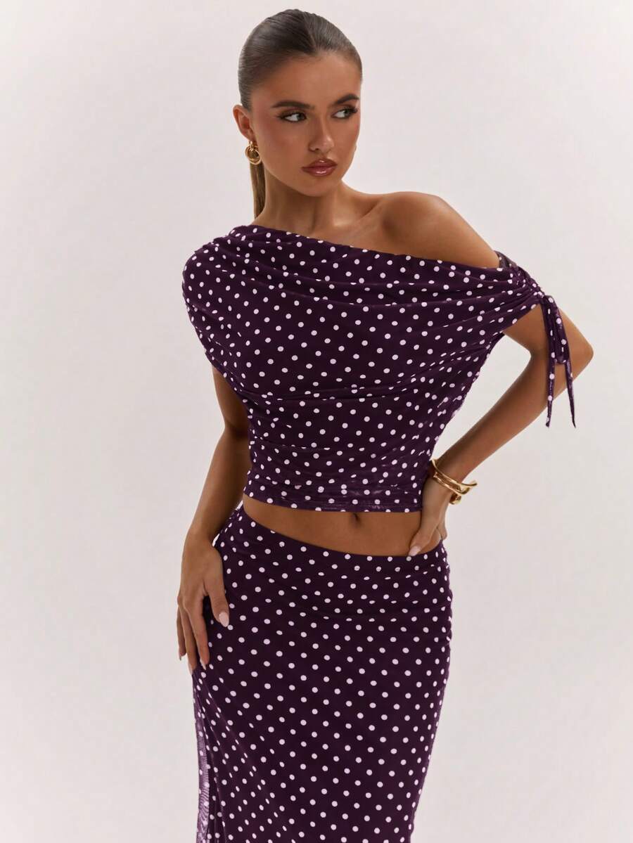 SHEIN BAE Women's Solid Color Asymmetrical Neck Top And Skirt Casual 2 Pieces Set