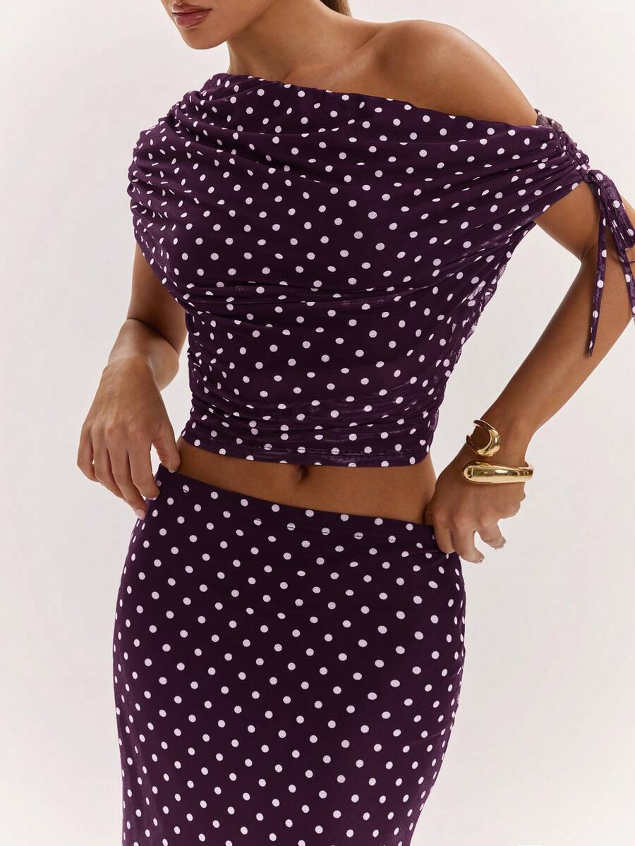SHEIN BAE Women's Solid Color Asymmetrical Neck Top And Skirt Casual 2 Pieces Set