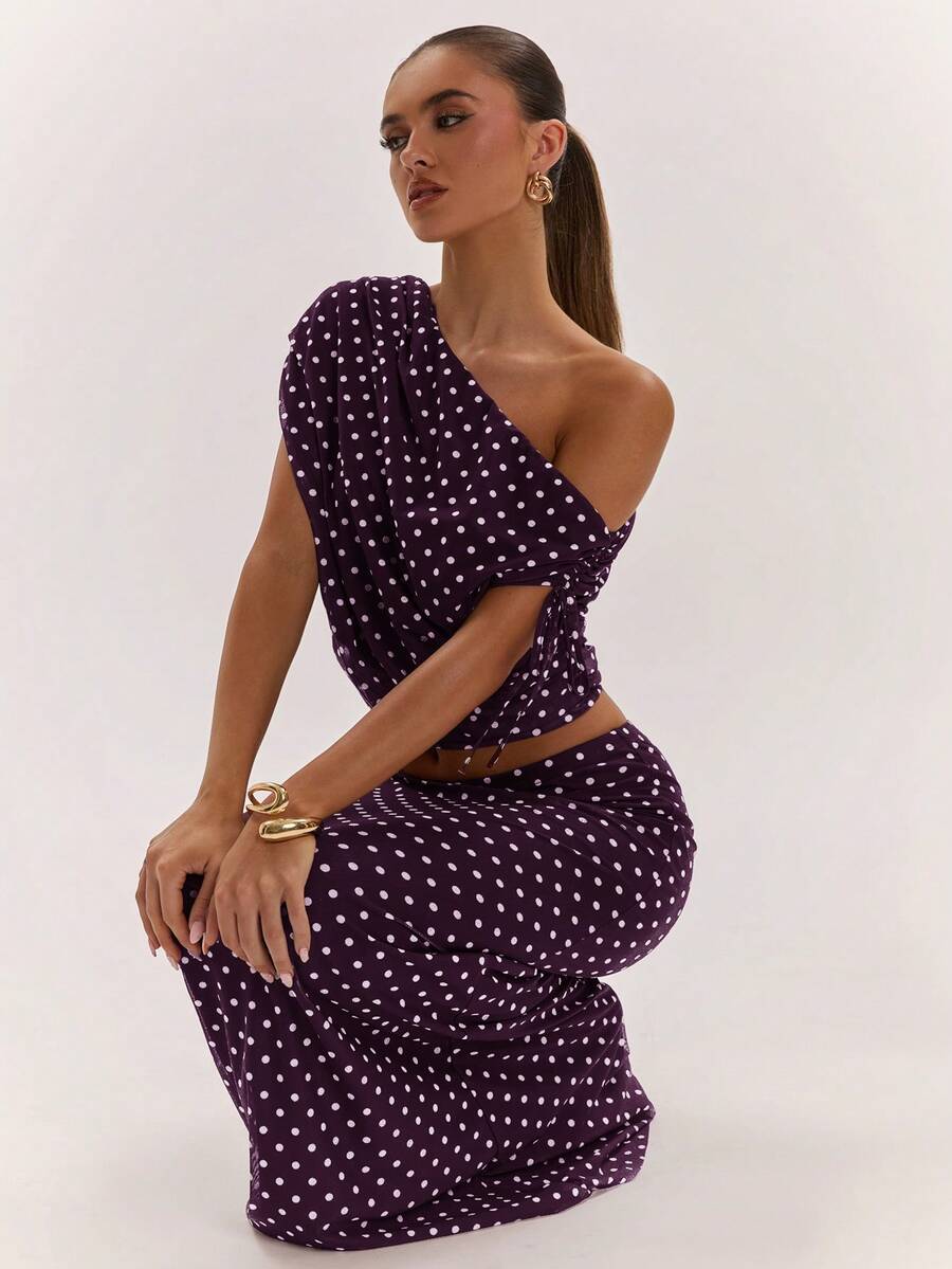 SHEIN BAE Women's Solid Color Asymmetrical Neck Top And Skirt Casual 2 Pieces Set