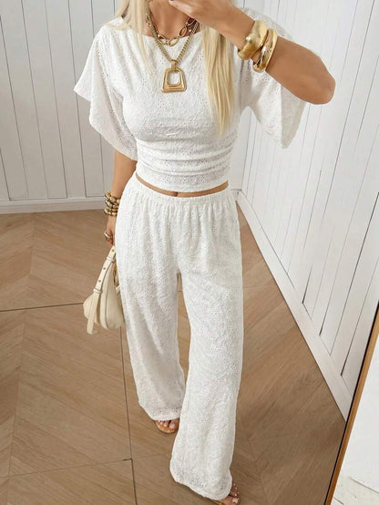 SHEIN EZwear Women's Solid Color Pleated Top And Elastic Waist Long Pants Casual Daily Set Brunch Dark Brown Summer